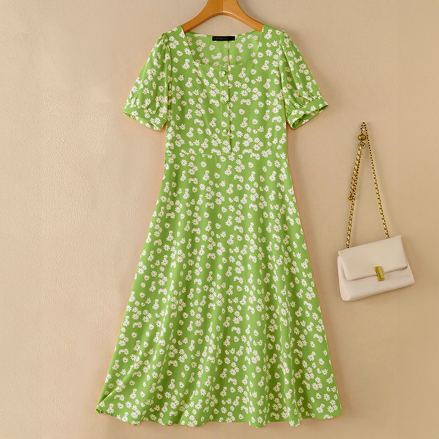 Robe longue fleurie pour femme, longueur mi-mollet et encolure boutonnée