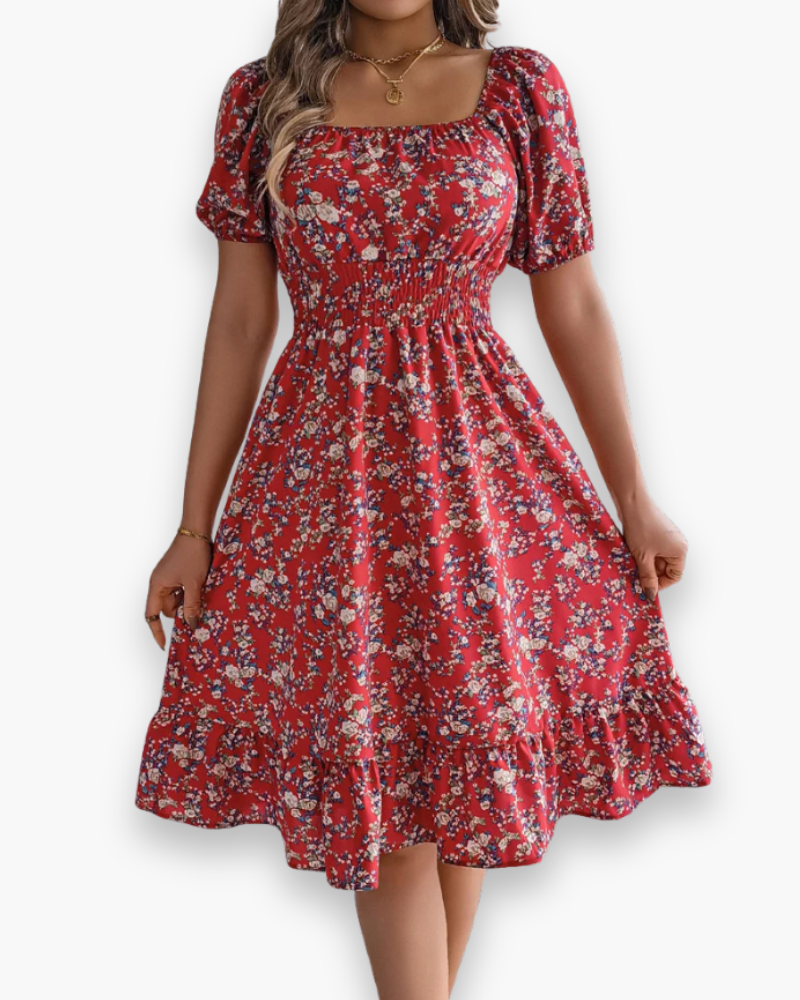 Chic floral midi dress off-shoulder puff sleeves summer