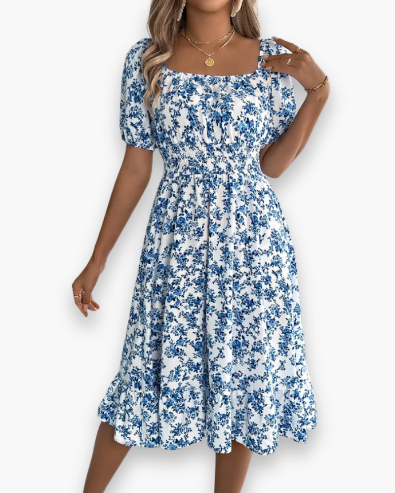 Chic floral midi dress off-shoulder puff sleeves summer
