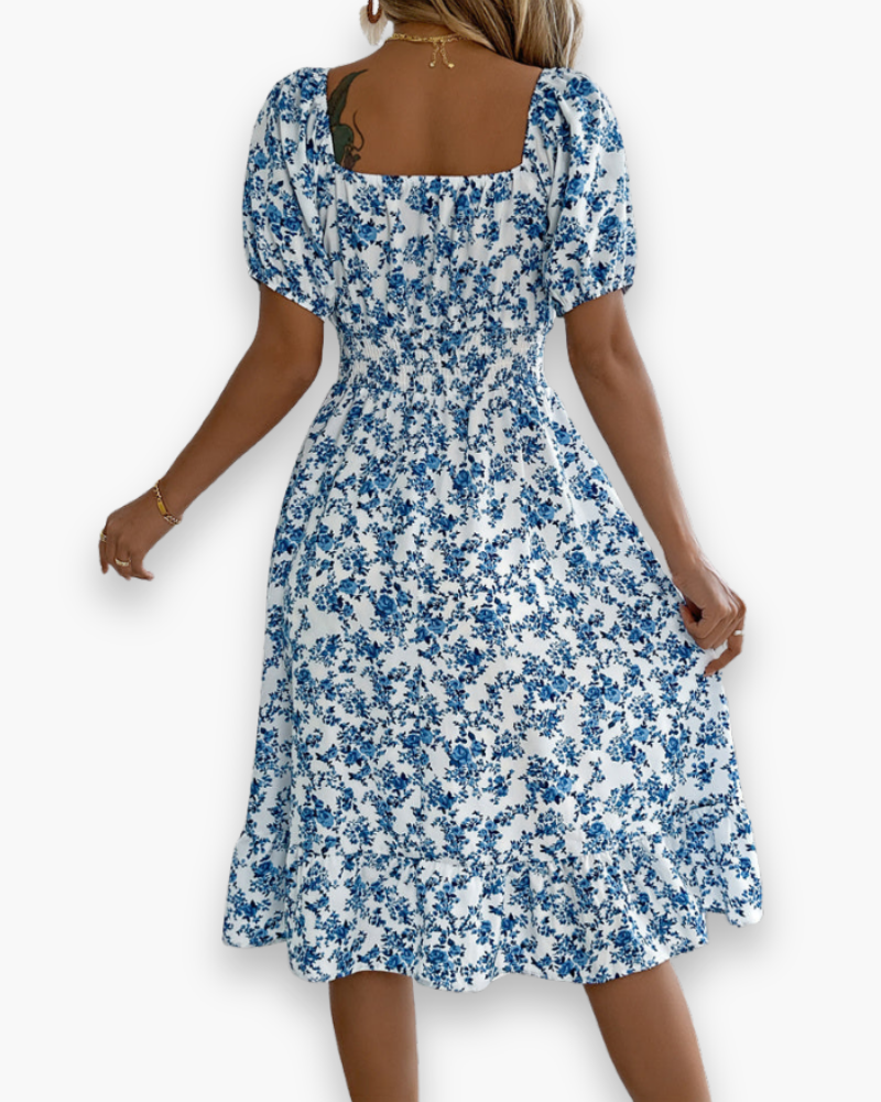 Chic floral midi dress off-shoulder puff sleeves summer
