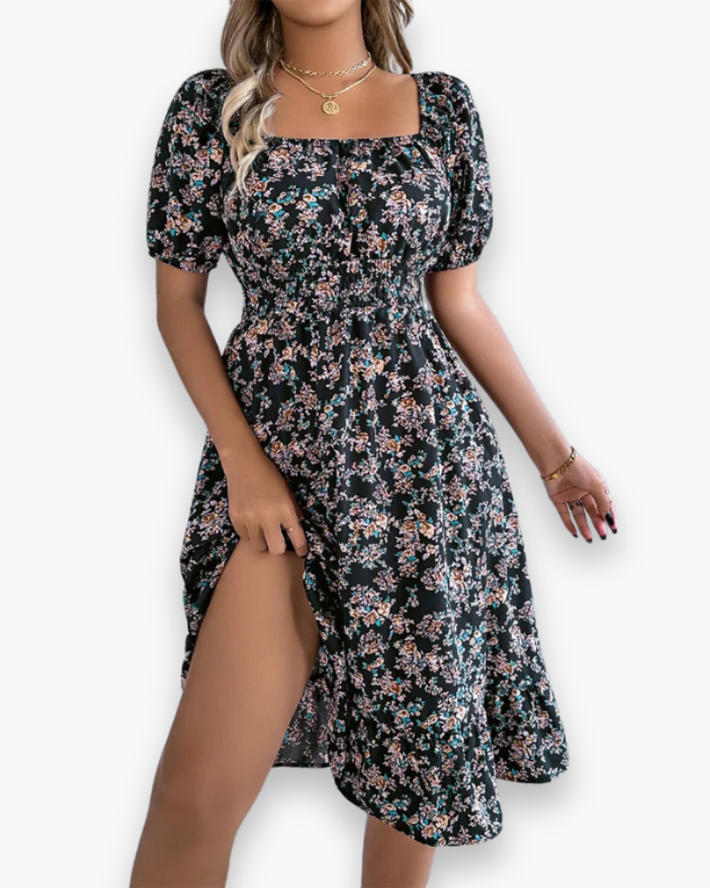 Chic floral midi dress off-shoulder puff sleeves summer