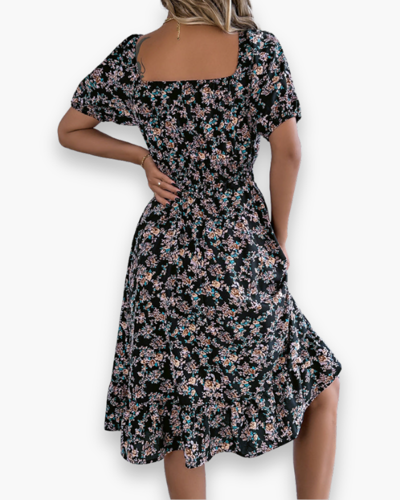 Chic floral midi dress off-shoulder puff sleeves summer