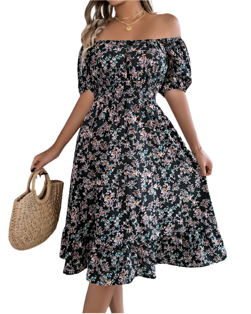 Chic floral midi dress off-shoulder puff sleeves summer