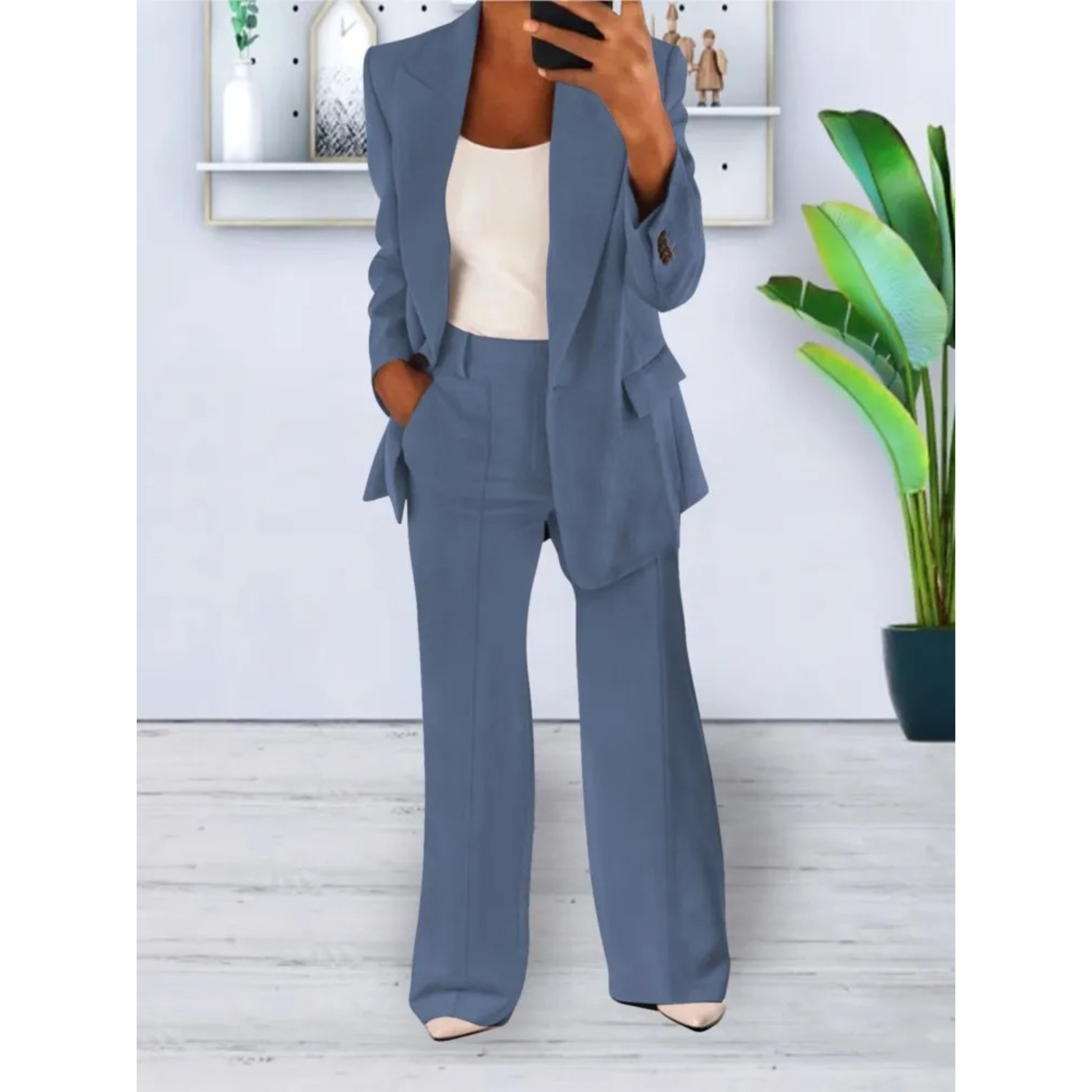 Ensemble blazer et pantalon coupe ample, couleur unie, poches décontractées