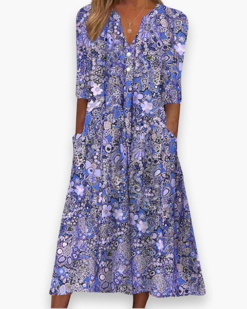 Elegant floral midi dress with V-neck and multicolored floral print