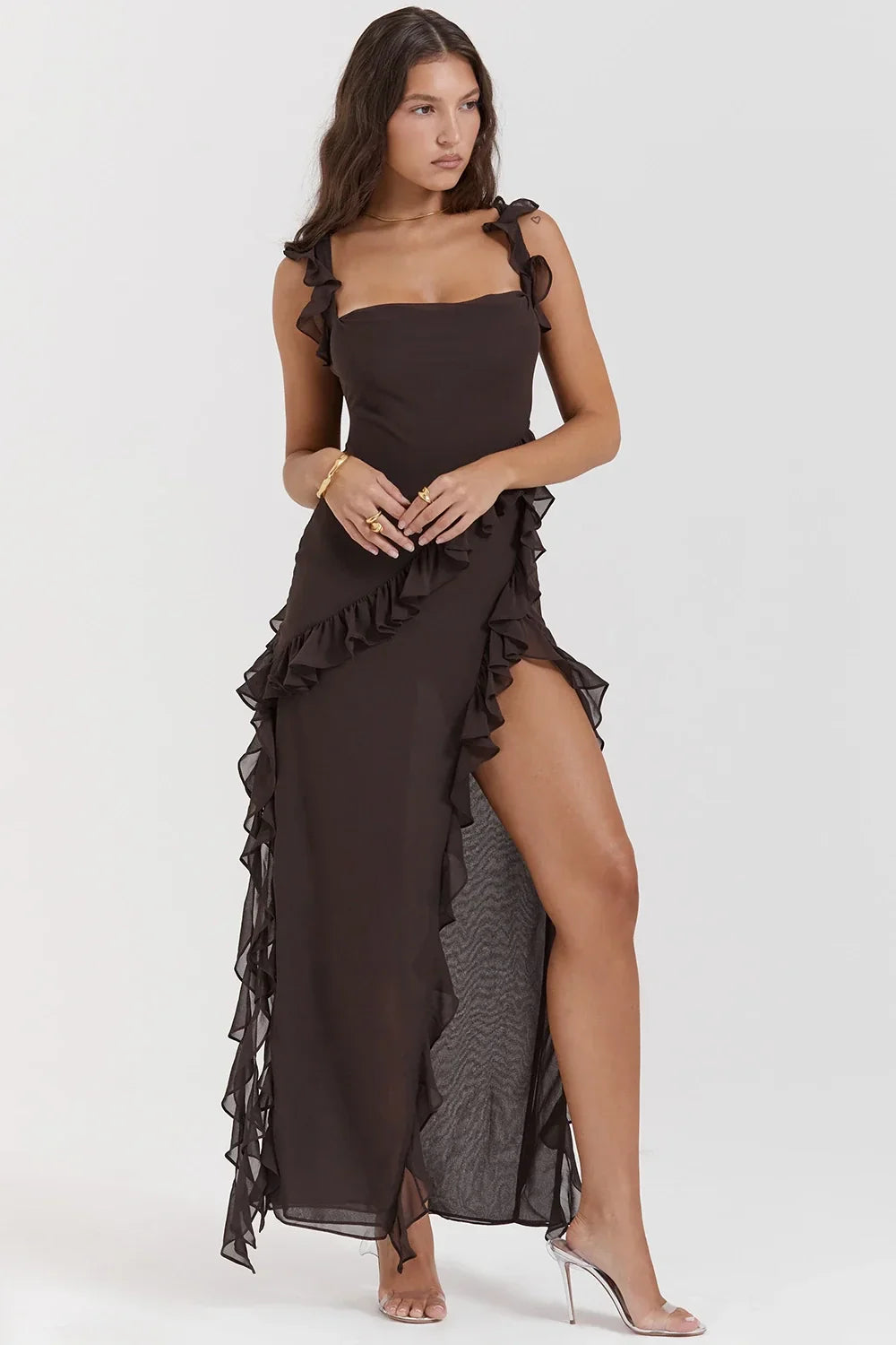 Long dress with cowl neck and ruffled hem with slit for women