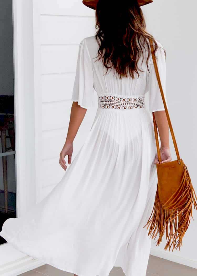 Long deep V-neck beach swimsuit cover-ups with crochet details