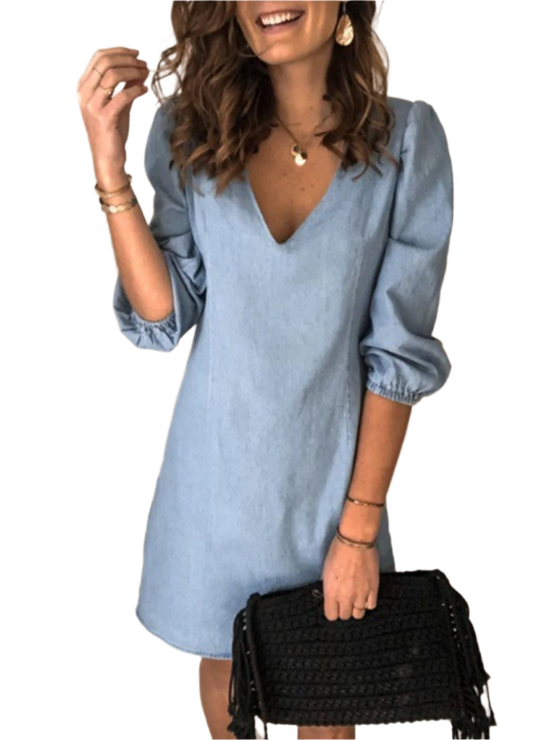 Robe courte en jean avec décolleté en v et manches mi-longues