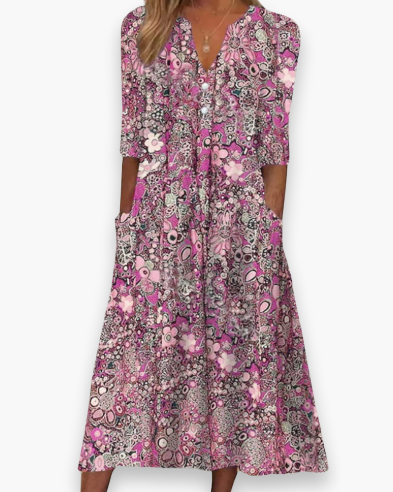 Elegant floral midi dress with V-neck and multicolored floral print