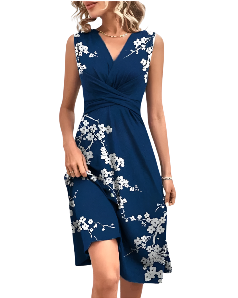 Sleeveless floral midi dress, elegant and flowing, with a crossed neckline