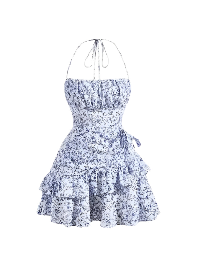 Mini floral dress with open back and ruffles for women - summer chic