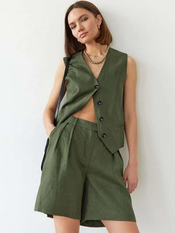 Ensemble chemise et short western vert pour femme – Élégant deux pièces