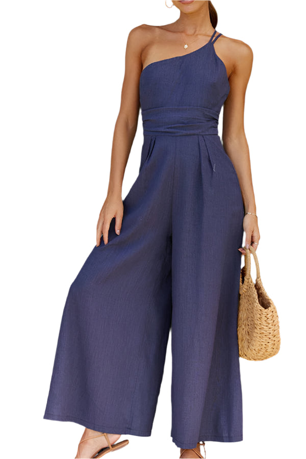 Combinaison en lin élégante ample une épaule style chic d’été