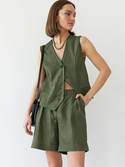 Ensemble chemise et short western vert pour femme – Élégant deux pièces