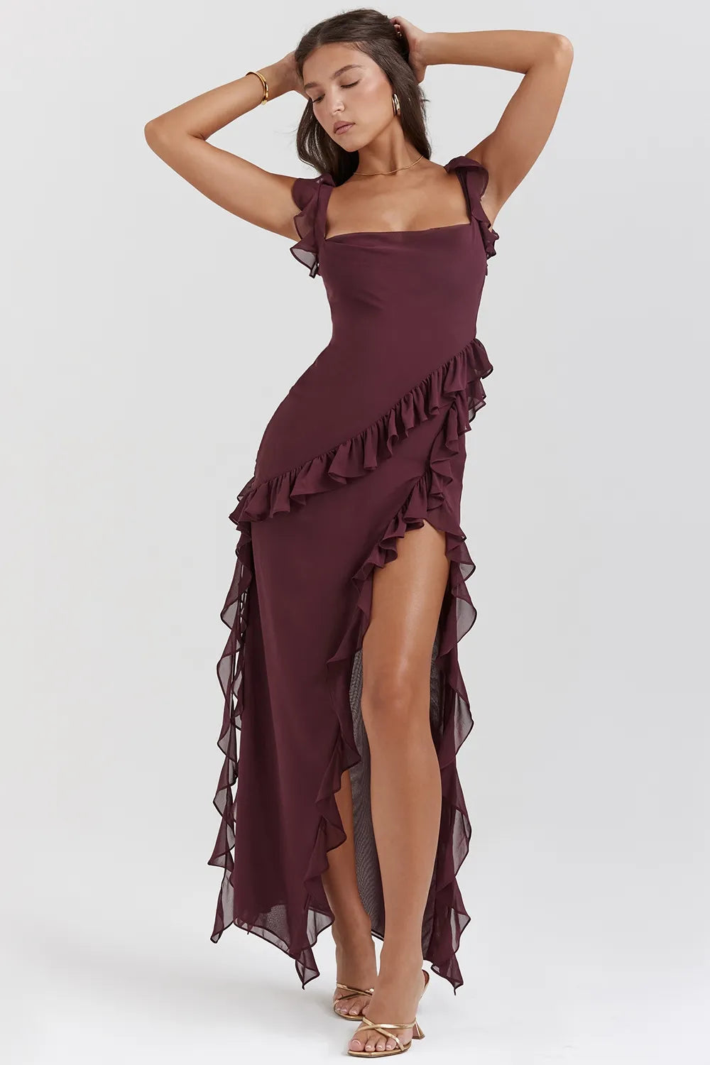 Long dress with cowl neck and ruffled hem with slit for women