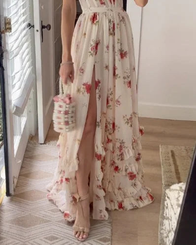 Long romantic floral garden evening dress with slit and ruffles