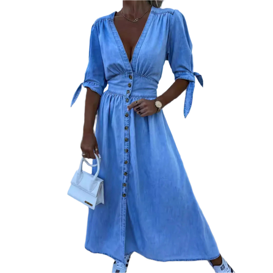 Robe en jean élégante à col en V avec manches nouées et boutons