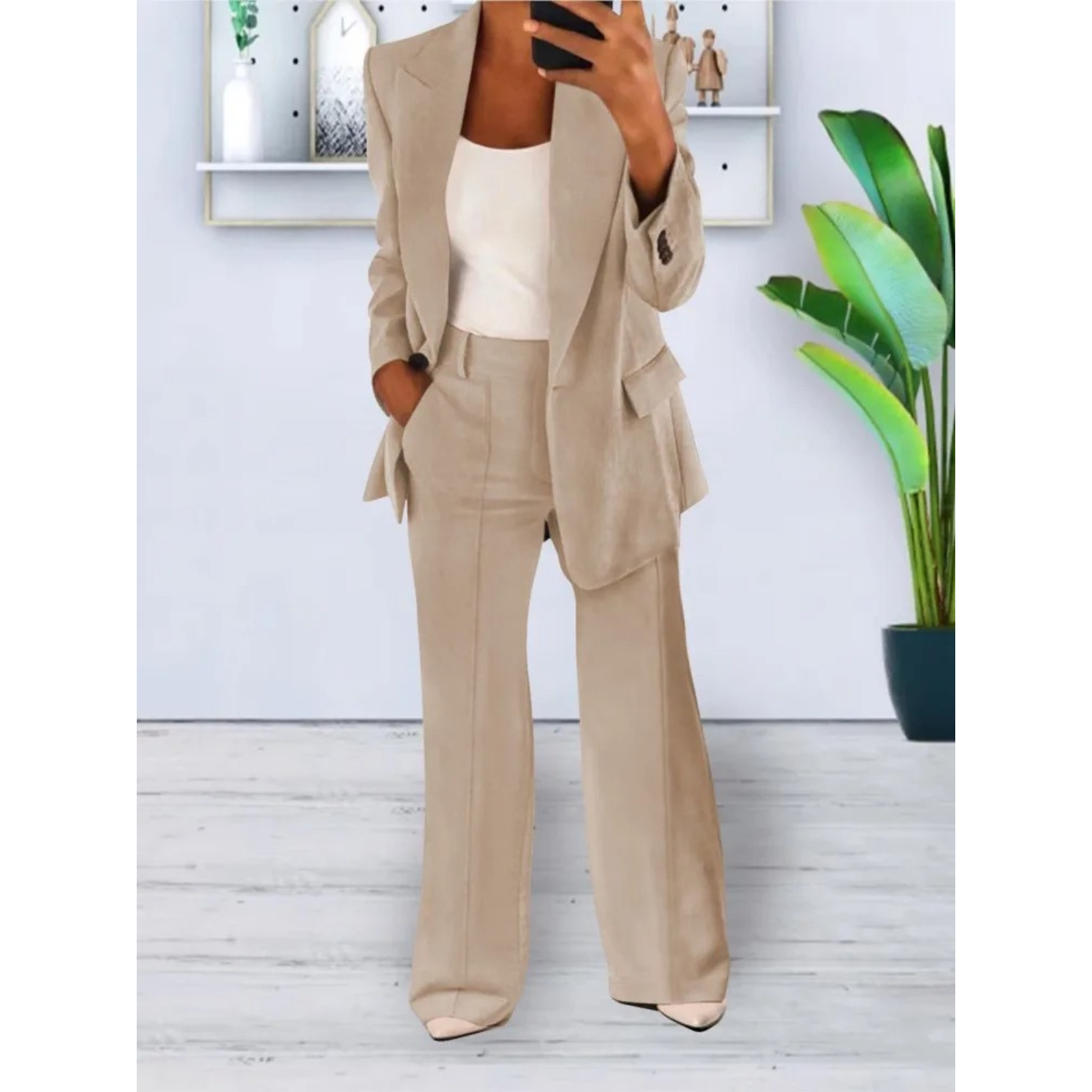 Ensemble blazer et pantalon coupe ample, couleur unie, poches décontractées