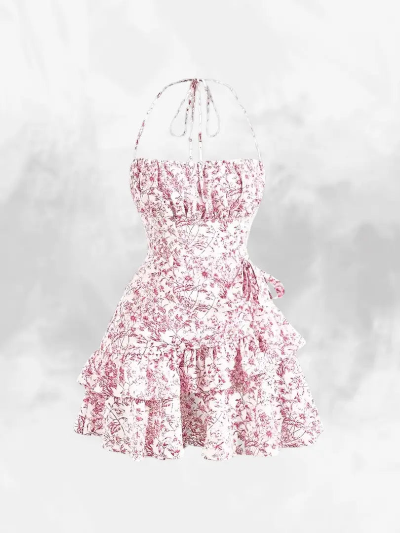 Mini floral dress with open back and ruffles for women - summer chic