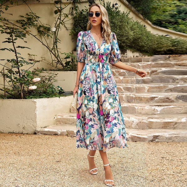 Elegant printed mid-length garden evening dress for women