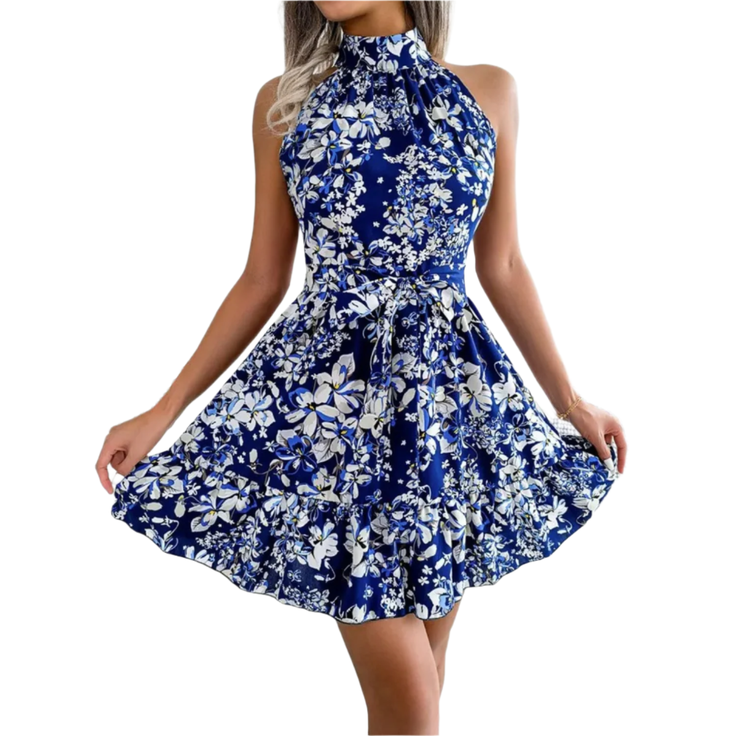 Mini halter backless floral dress - fitted and flared for women