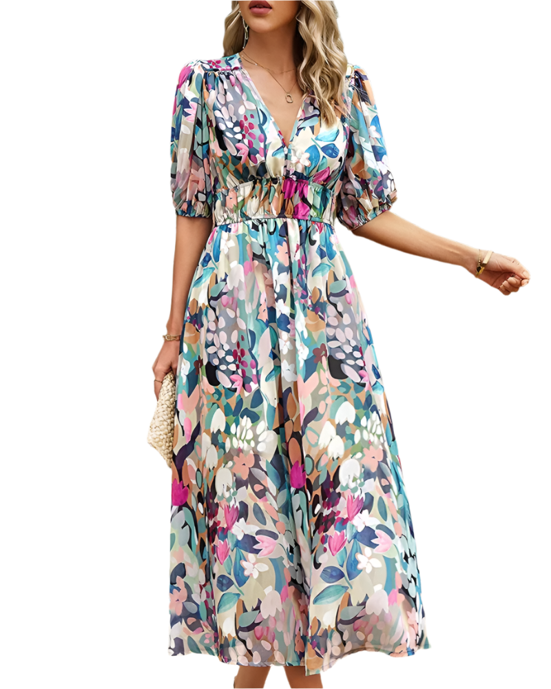 Elegant floral midi dress with puff sleeves, fitted waist, and V-neck collar
