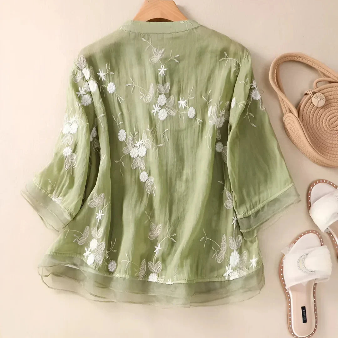 Chemisier élégant en coton et lin avec broderie florale pour femme