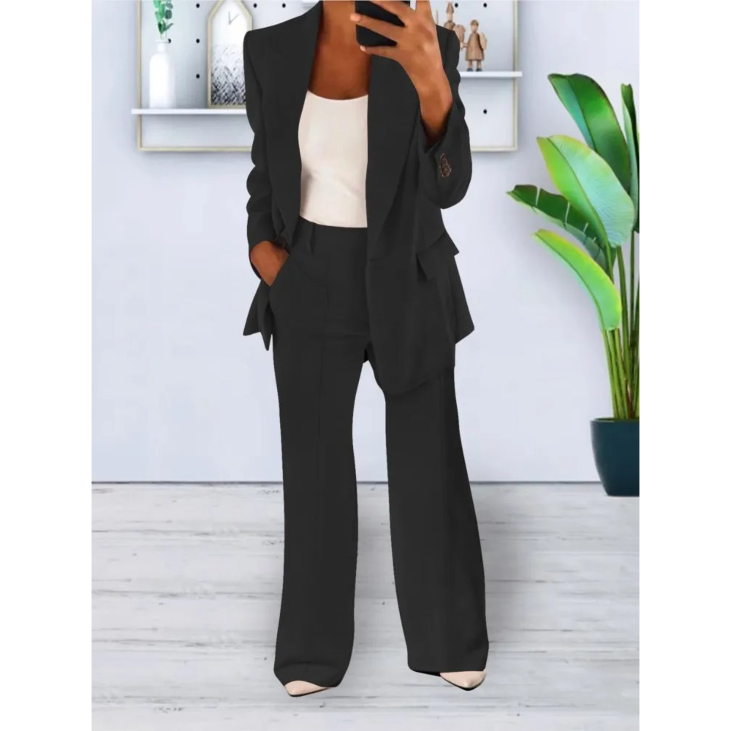 Ensemble blazer et pantalon coupe ample, couleur unie, poches décontractées