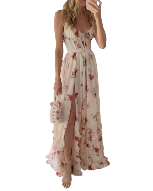 Long romantic floral garden evening dress with slit and ruffles