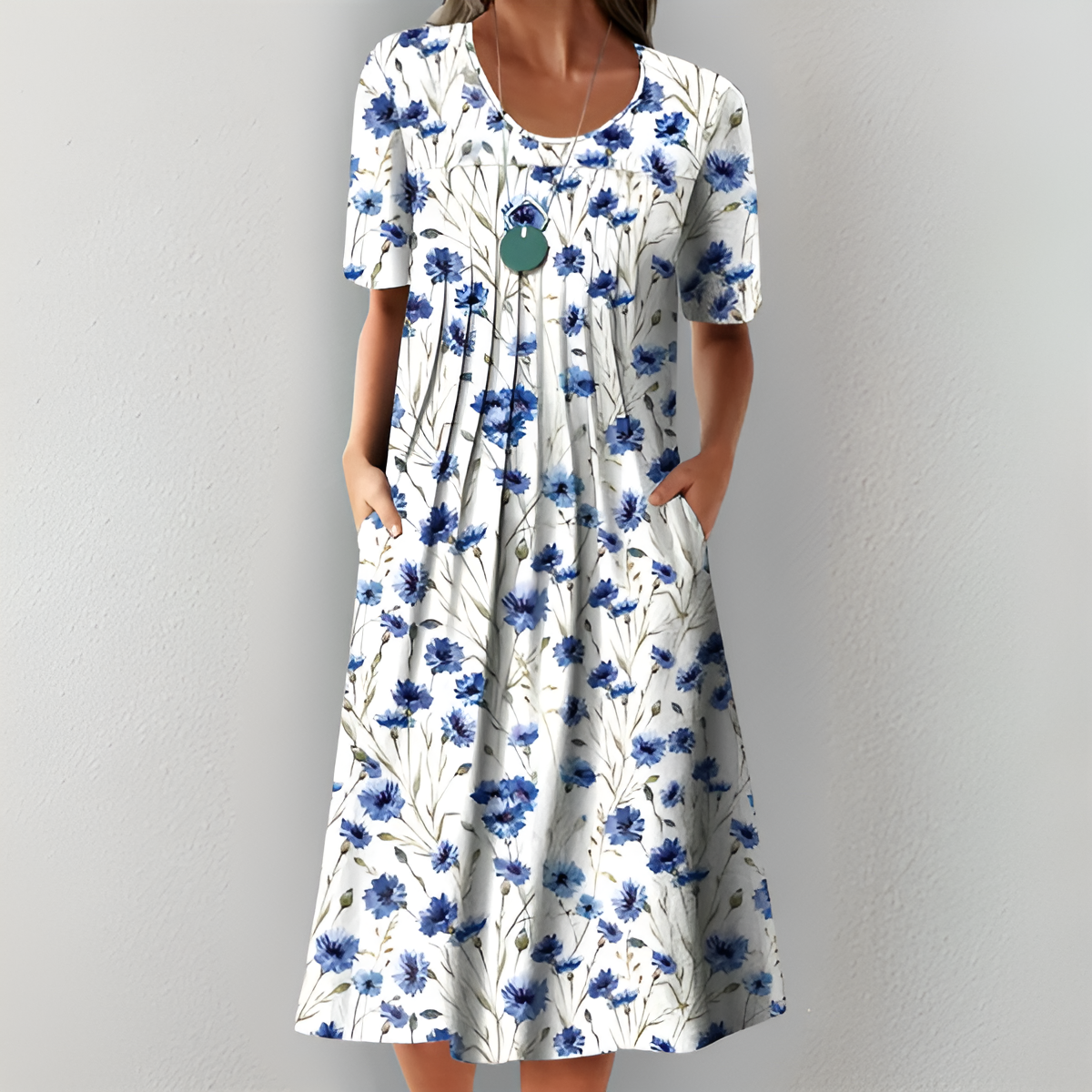 Elegant floral midi dress with pockets printed fluid chic summer