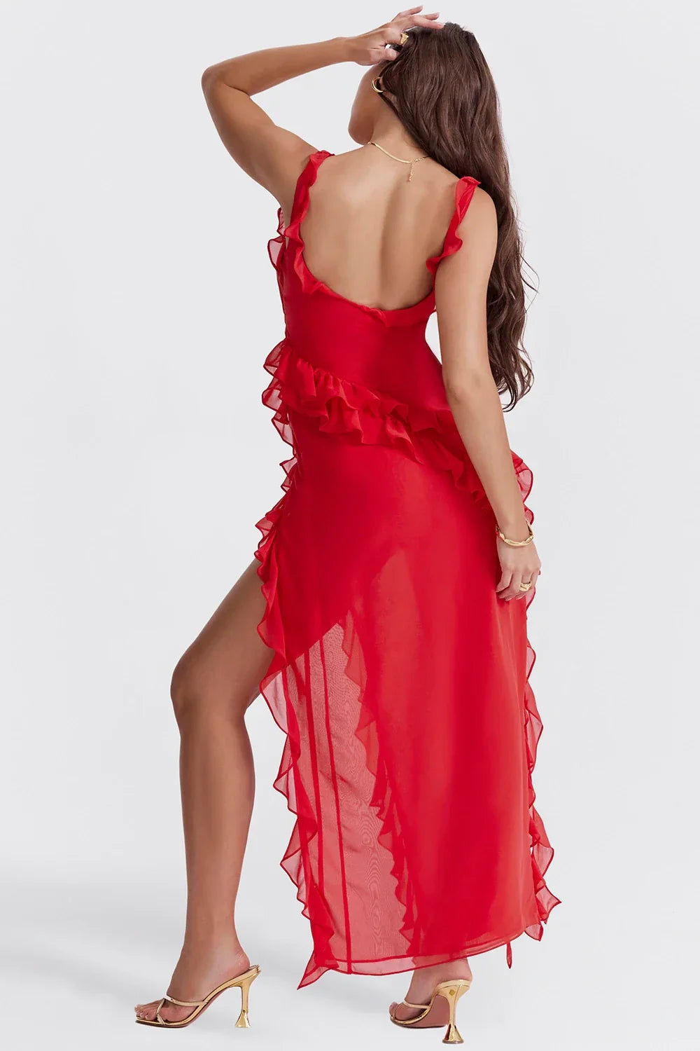 Long dress with cowl neck and ruffled hem with slit for women