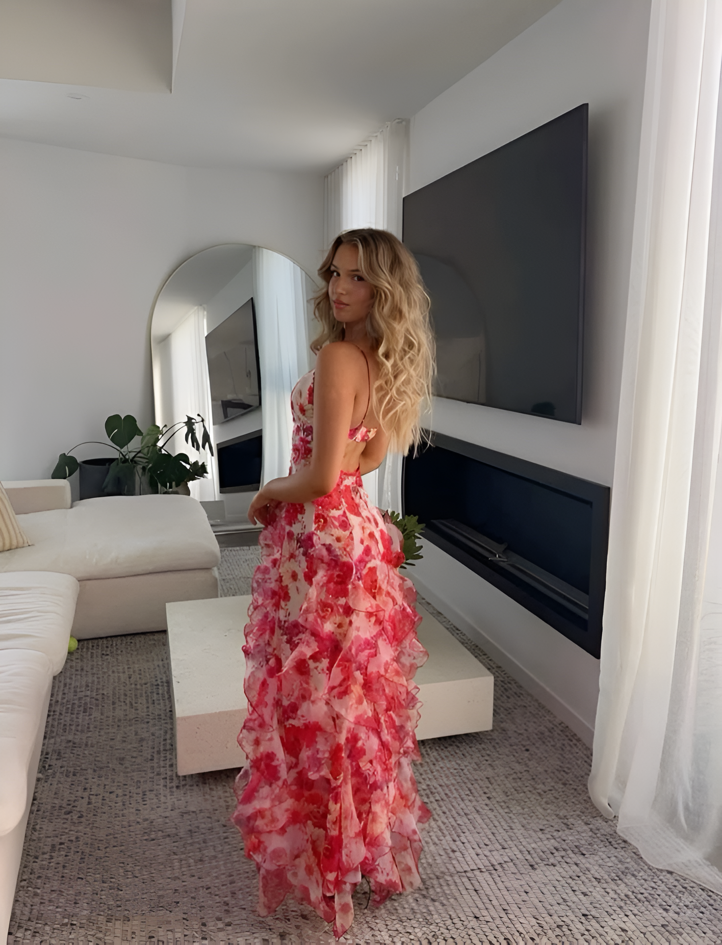 Long fluid floral print dress with flounced hem for women - summer elegance