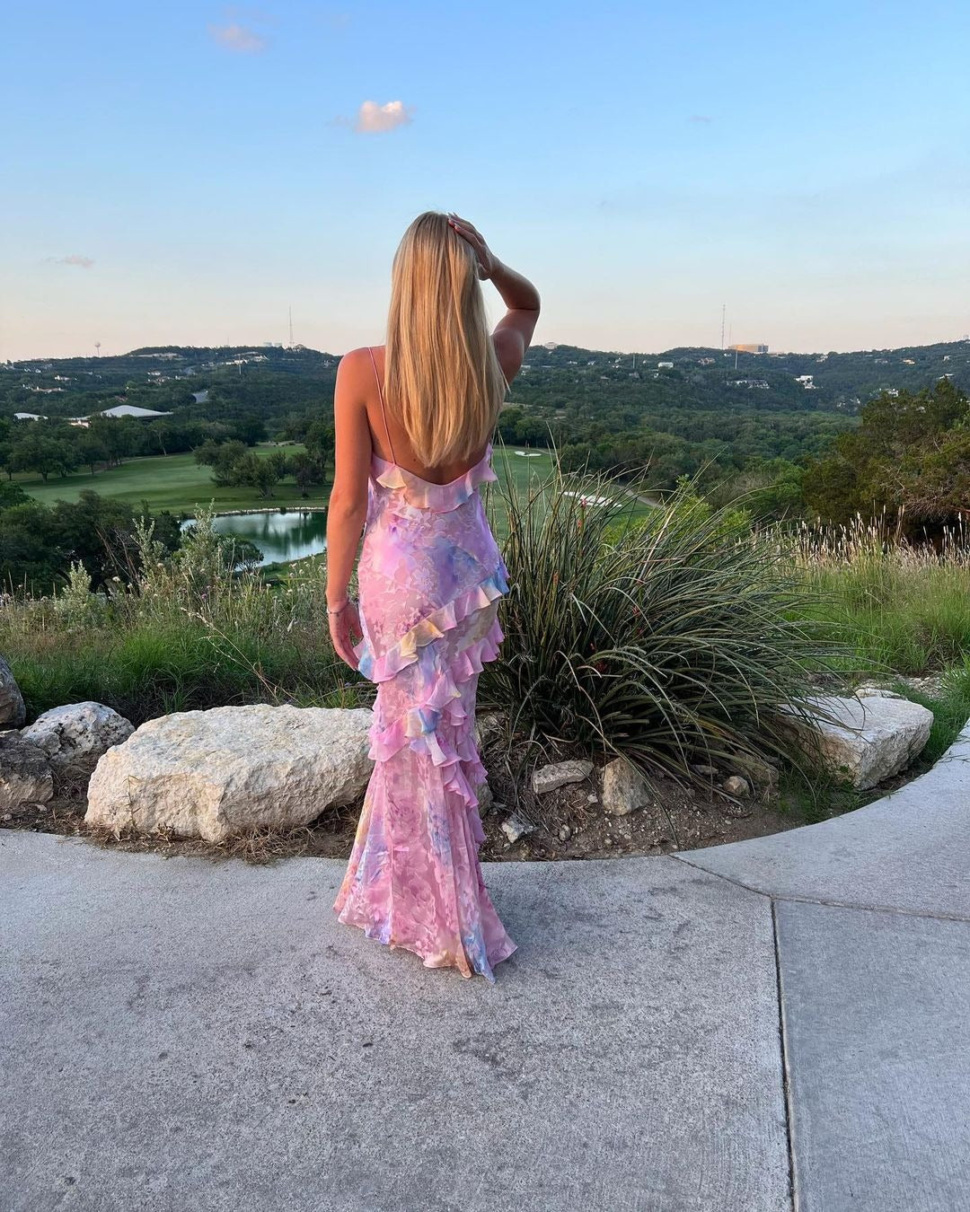 Elegant long ruffled garden evening dress for women - ideal for parties