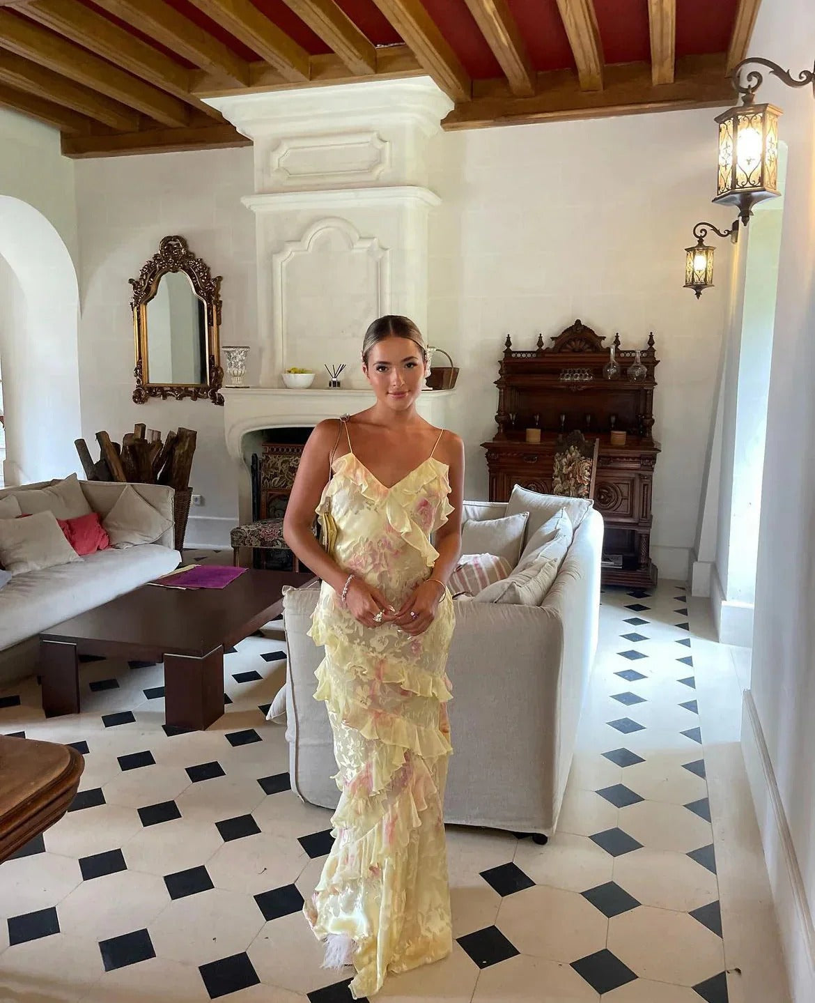 Elegant long ruffled garden evening dress for women - ideal for parties