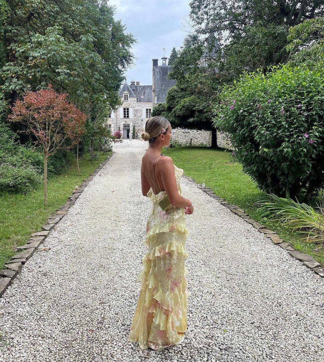 Elegant long ruffled garden evening dress for women - ideal for parties