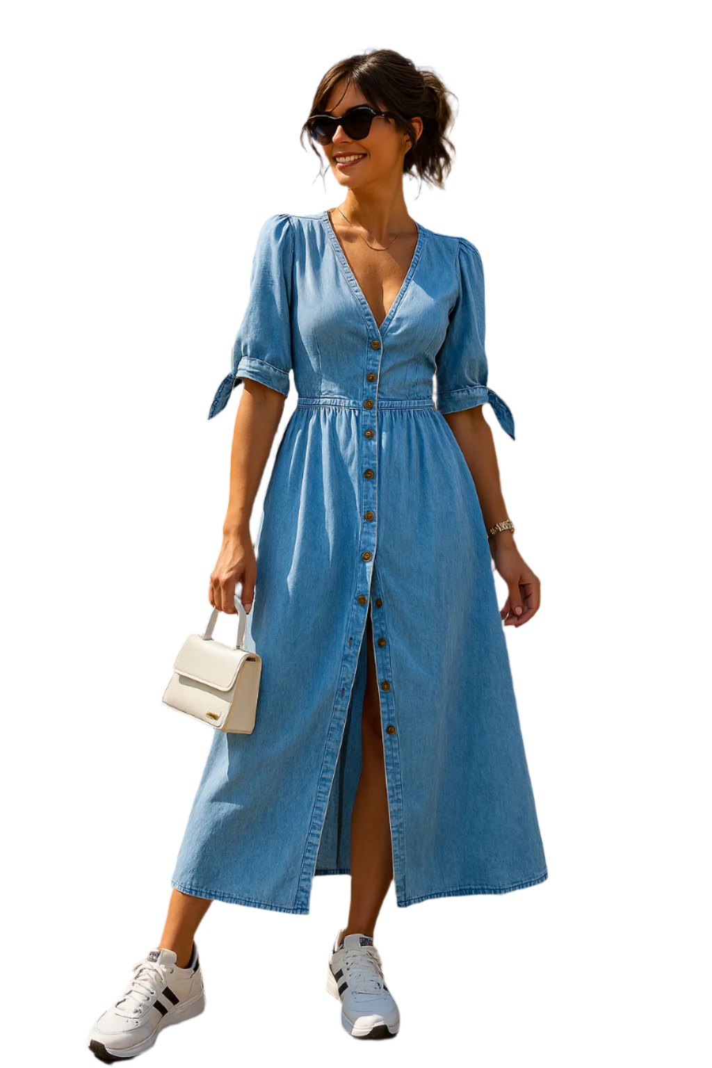 Robe en jean femme – Décolleté en V, boutons en bois et manches nouées