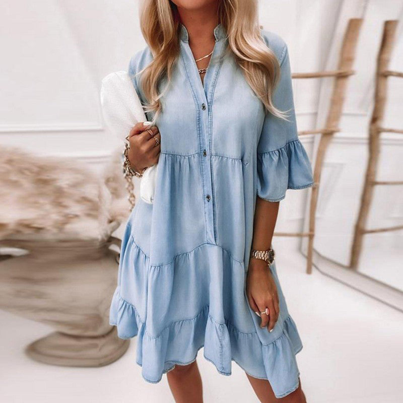 Cotton dress with ruffled hem and button closure for women