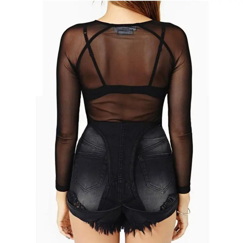 Elegant transparent mesh top for women – slim fit long sleeves