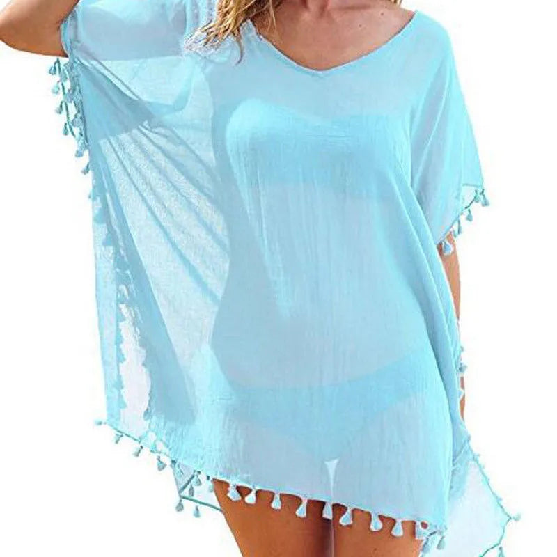 Mini beach cover-up with tassels in chiffon for women