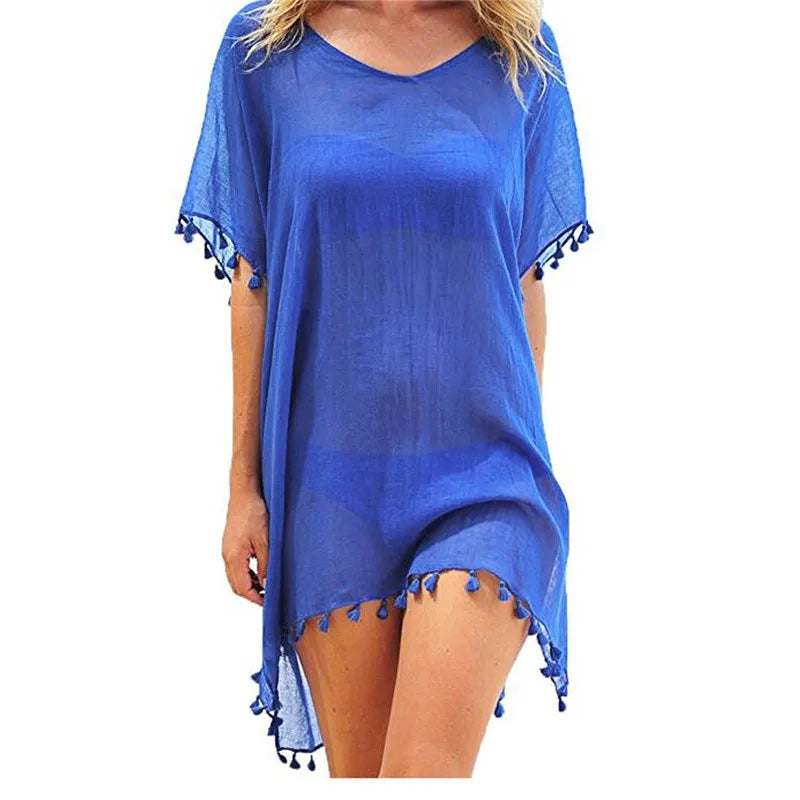 Mini beach cover-up with tassels in chiffon for women