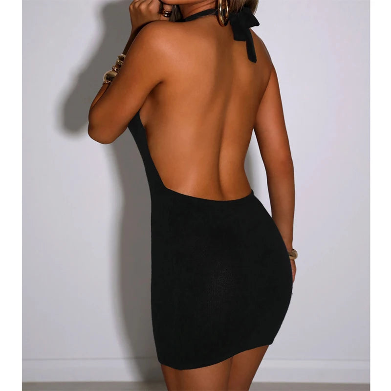 Mini bodycon dress with a backless collar and a cut-out design on the back