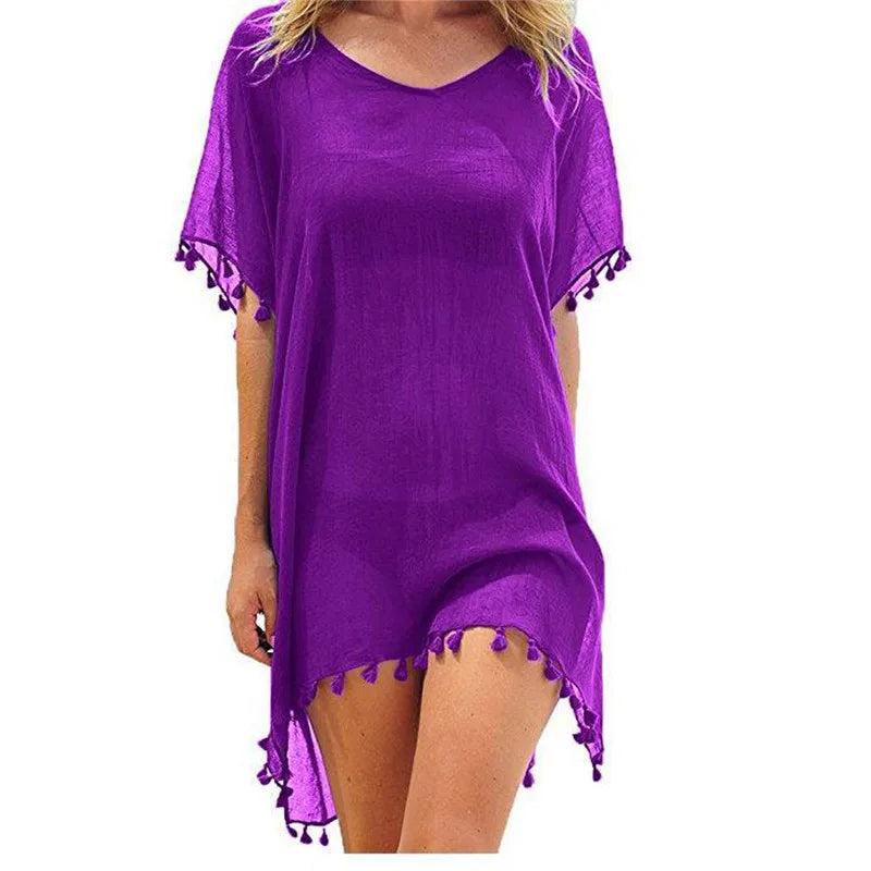 Mini beach cover-up with tassels in chiffon for women