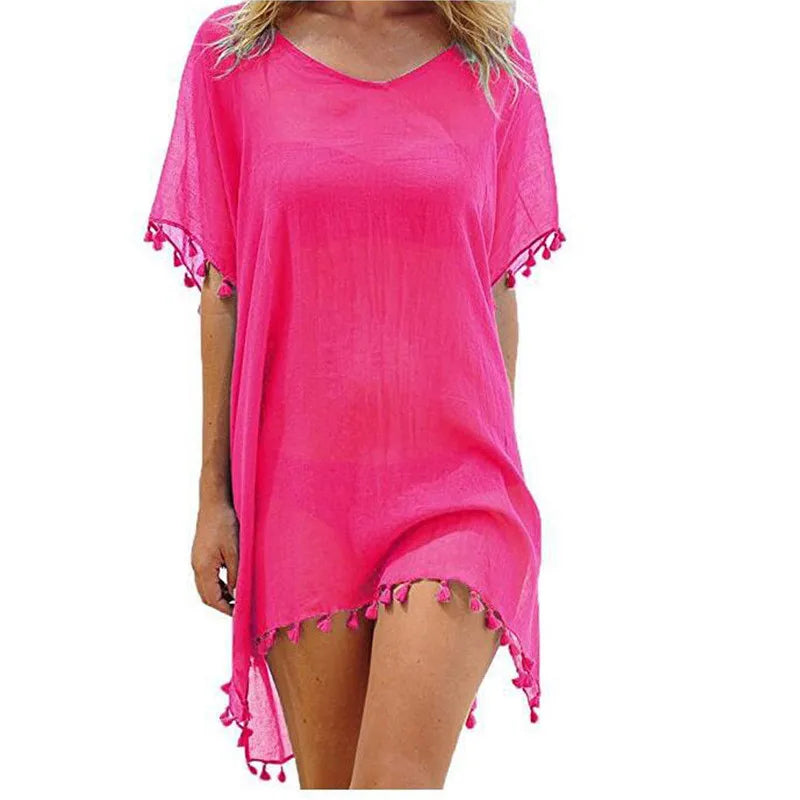 Mini beach cover-up with tassels in chiffon for women