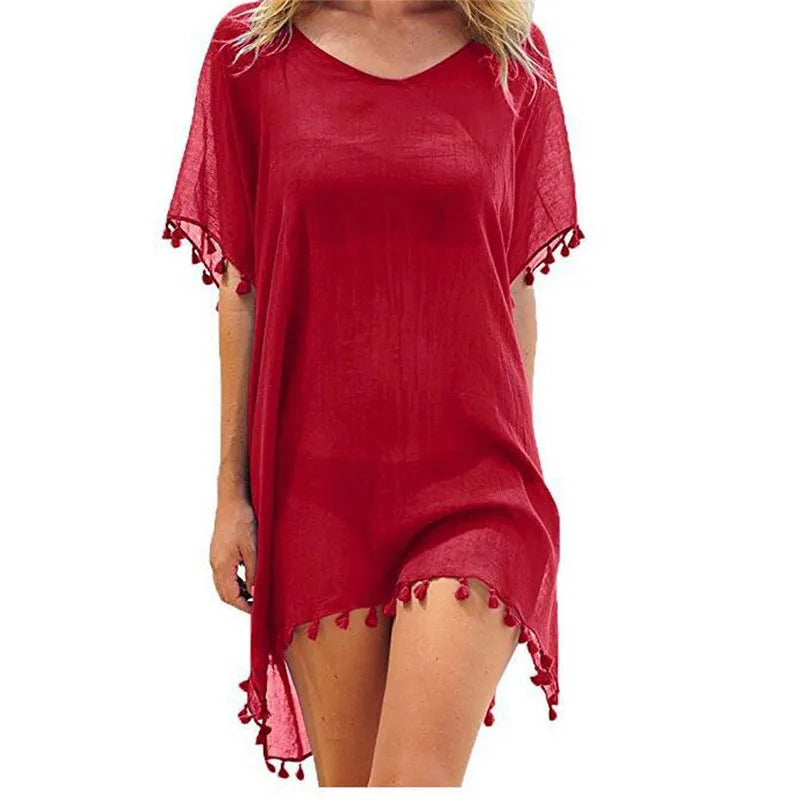 Mini beach cover-up with tassels in chiffon for women