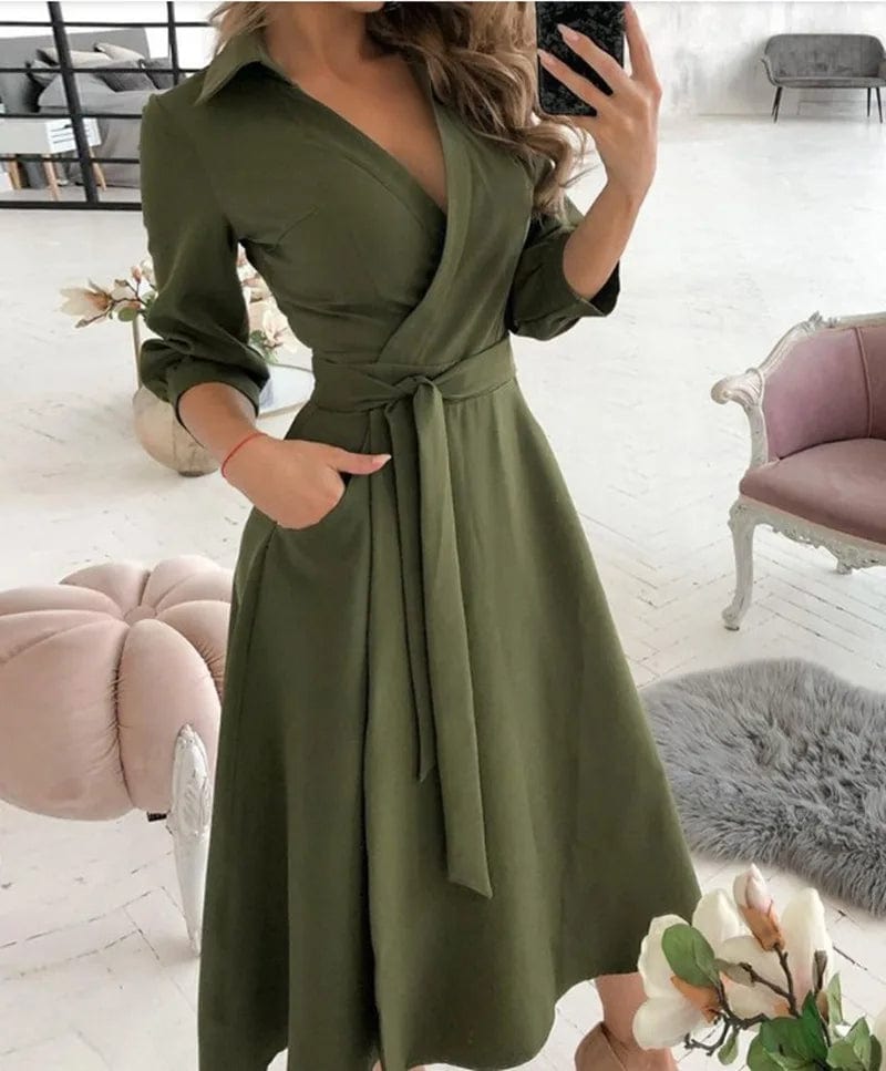 Robe portefeuille mi-longue élégante pour femme – Col en V, style printemps