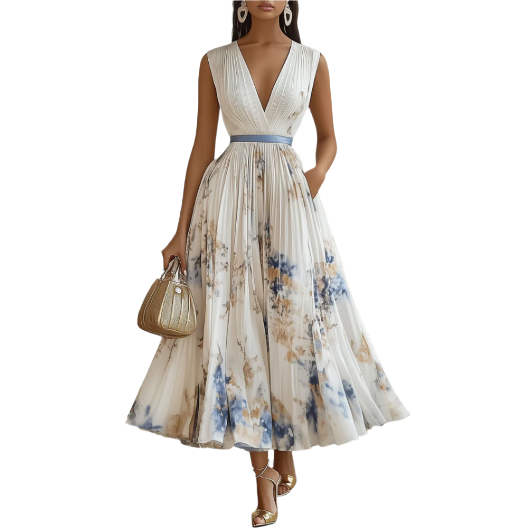 Elegant vintage style pleated midi garden party dress for women