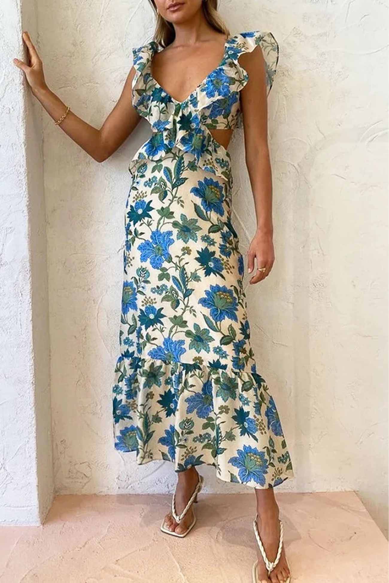 Summer long garden party dress with ruffles and vibrant print for women