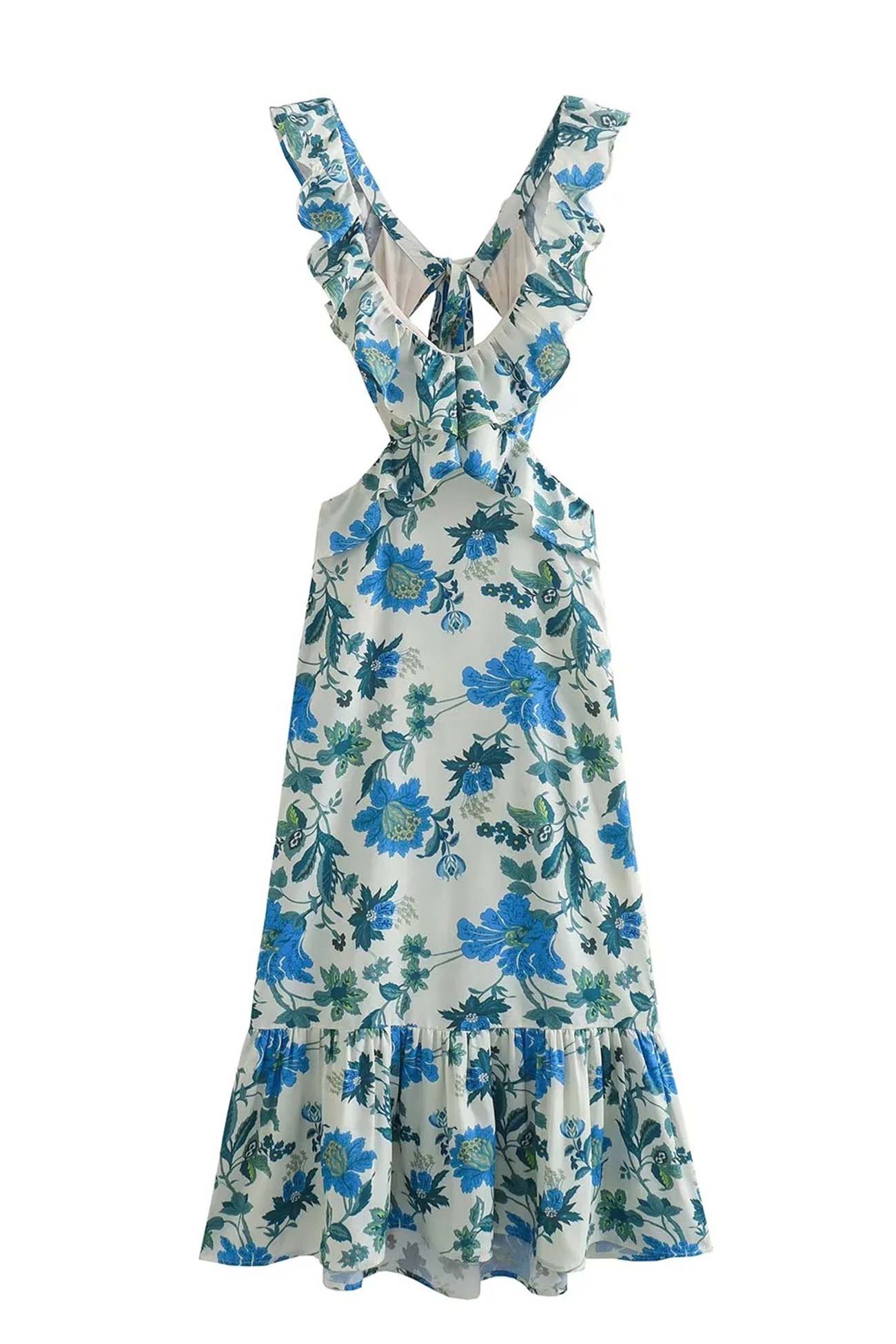 Summer long garden party dress with ruffles and vibrant print for women