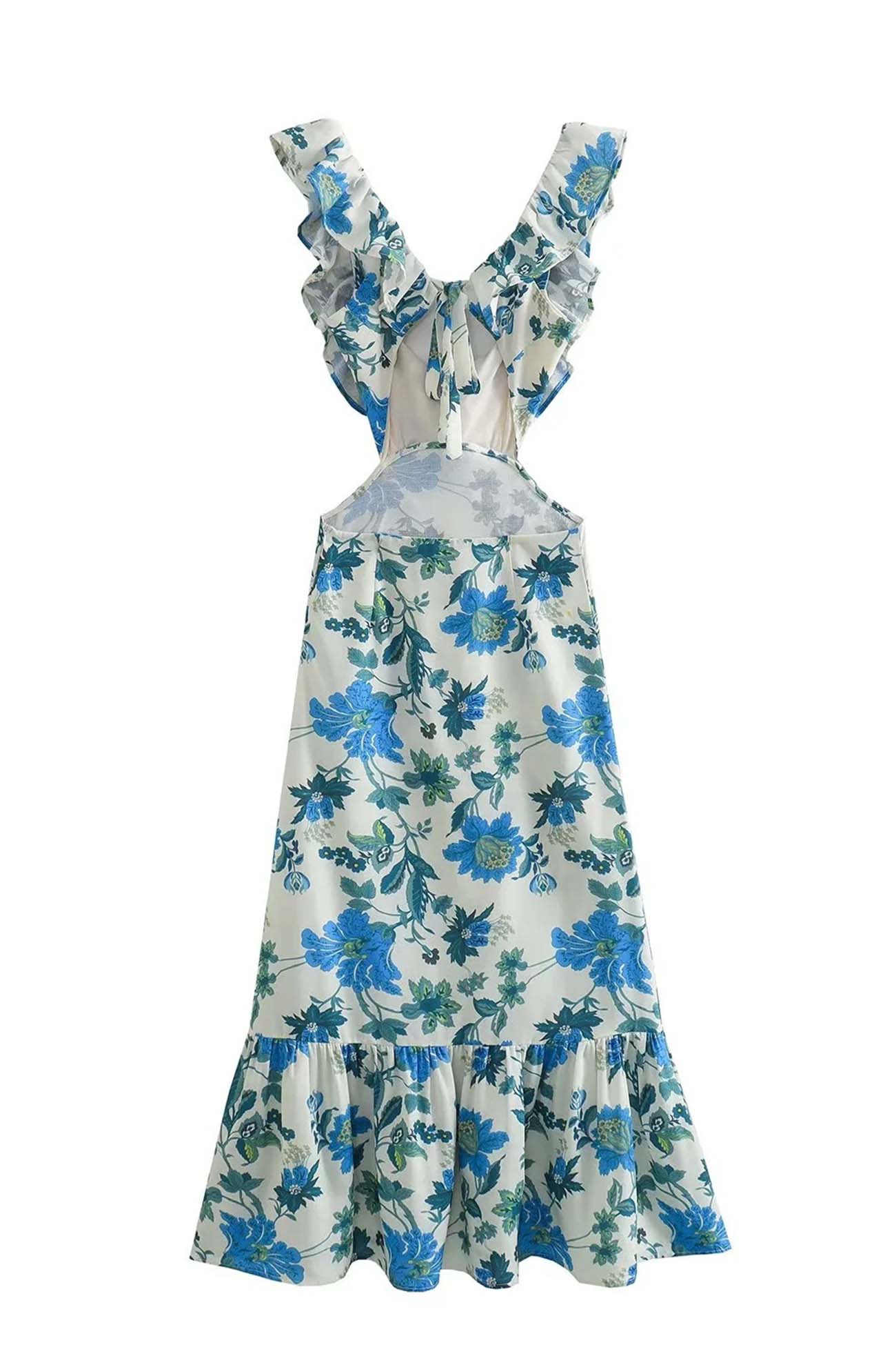 Summer long garden party dress with ruffles and vibrant print for women