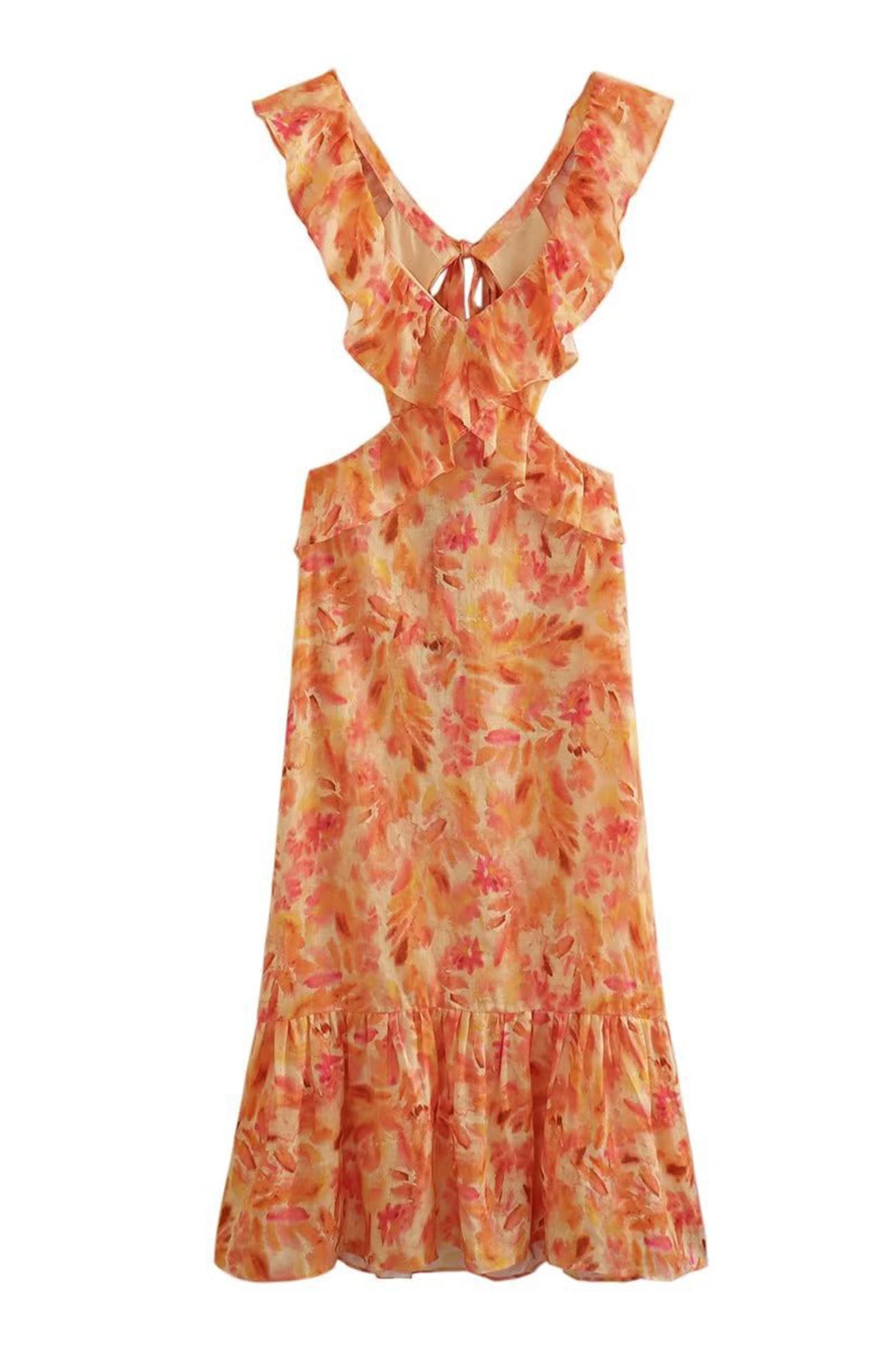 Summer long garden party dress with ruffles and vibrant print for women